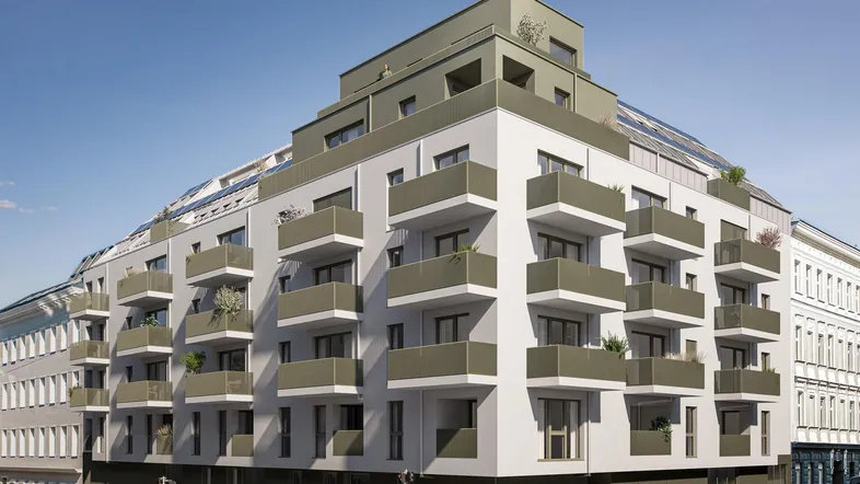 Moderne Wohnanlage mit gestuften Balkonen und Dachterrassen in urbaner Umgebung.