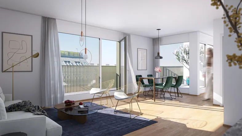 Heller Wohn- und Essbereich mit großen Fenstern, Zugang zum Balkon und moderner Einrichtung.