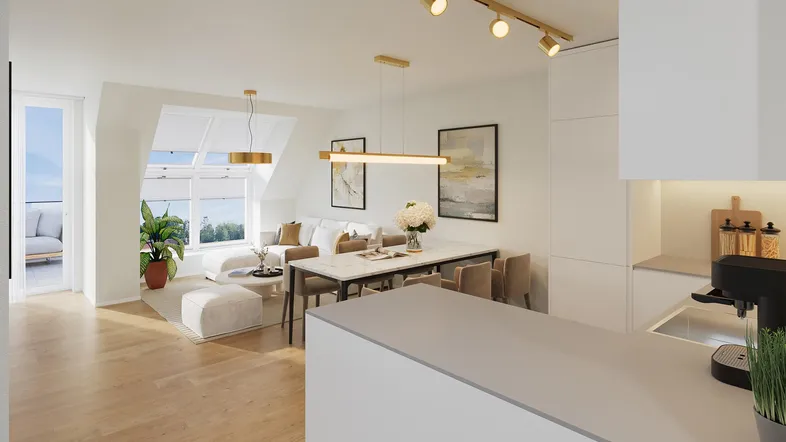 Heller, offener Wohn- und Essbereich mit integrierter Küche und Zugang zu einem Balkon.