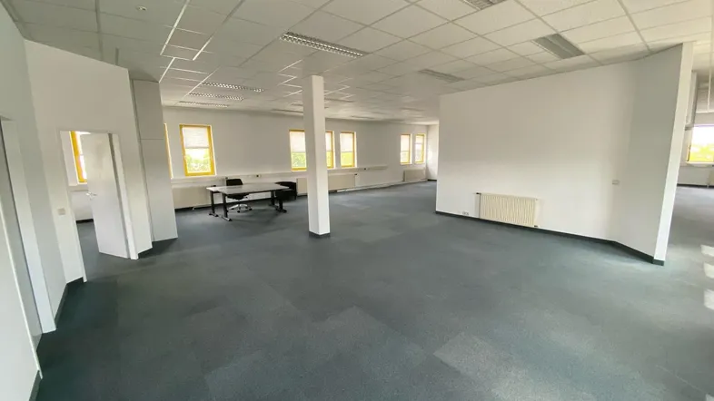 Großes, helles Büro mit Teppichboden, Rasterdecke und vielen Fenstern, ideal für Großraumbüros.