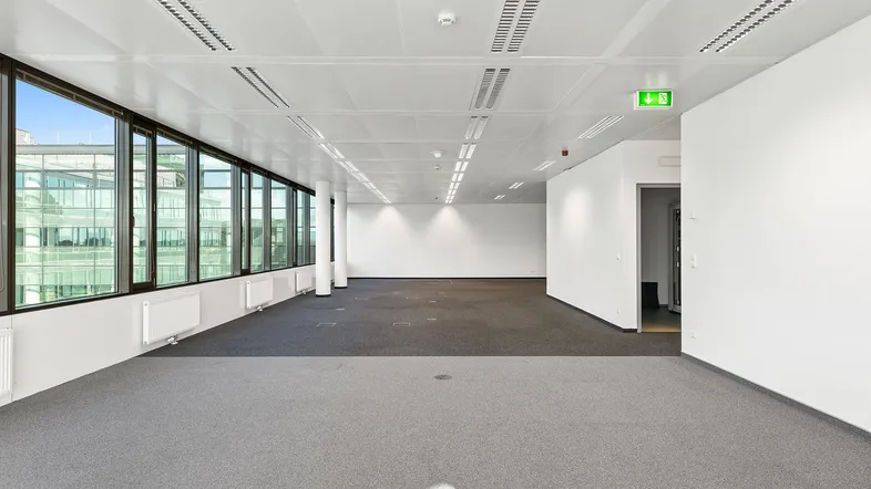 Geräumiges, leeres Büro mit Teppichboden, großen Fenstern und viel Tageslicht, bereit zur individuellen Gestaltung.