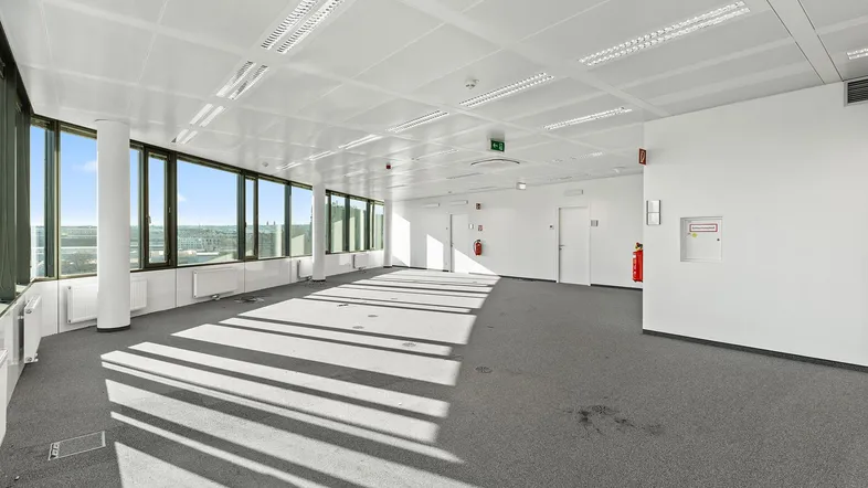 Großer, leerer Büroraum mit grauem Teppichboden, weißen Decken und großen Fenstern für viel Tageslicht.