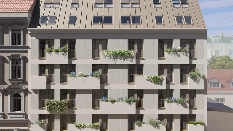 Moderne Fassade eines Mehrfamilienhauses mit Balkonen und Dachgauben in städtischer Umgebung.