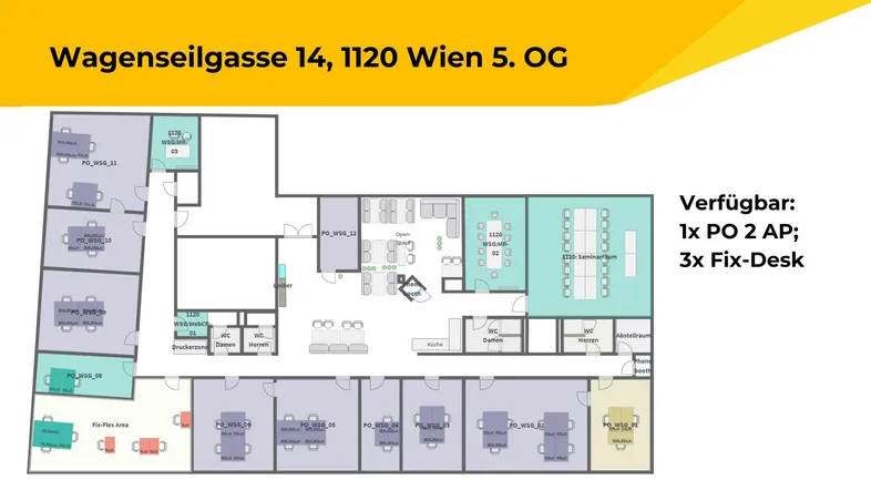 Grundriss des 5. Obergeschosses in Wien, zeigt eine Bürofläche mit mehreren Einzelbüros und einem Konferenzraum.