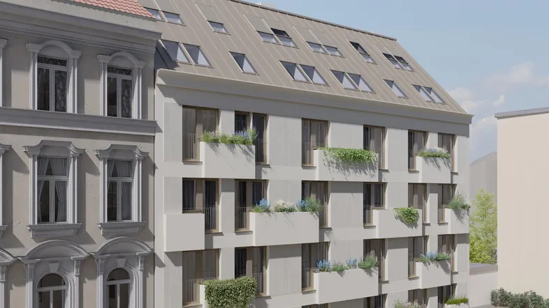 Moderne Fassade eines Wohngebäudes mit Dachschrägenfenstern und kleinen Balkonen.