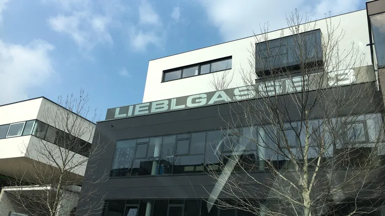 Modernes Bürogebäude mit großen Fenstern und klaren Linien unter einem bewölkten Himmel.