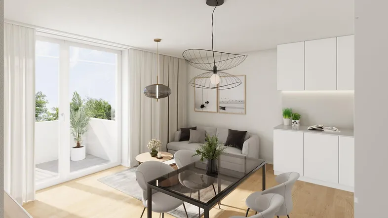 Heller Wohn- und Essbereich mit Holzboden, Zugang zum Balkon und moderner Einrichtung.