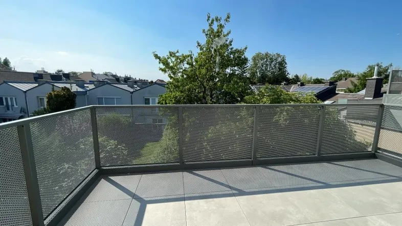 Geräumige Dachterrasse mit modernem Metallgeländer und weitem Blick über die Nachbarschaft.