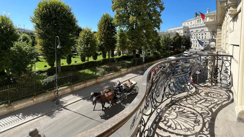 Balkon mit schmiedeeisernem Geländer und Blick auf eine Allee mit Kutsche und Park.