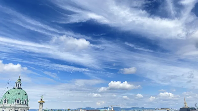 Panoramablick über die Dächer Wiens mit historischer Architektur und weitem Himmel.