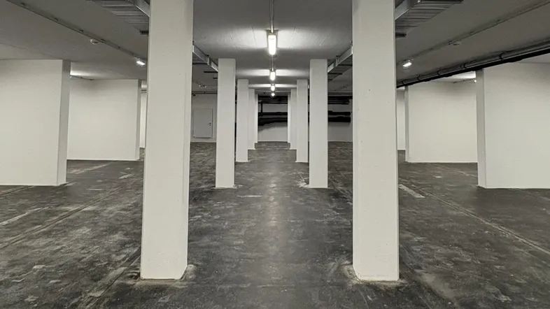 Großer, leerer Kellerraum mit Betonboden, weißen Säulen und sichtbaren Deckeninstallationen, der viel Platz bietet.