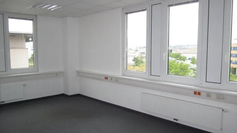 Heller Büroraum mit großen Fenstern, Teppichboden und Blick auf die Umgebung.