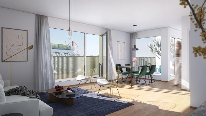 Heller, offener Wohn-Essbereich mit Holzboden, modernen Möbeln und Zugang zu einem Balkon.