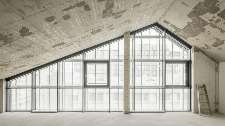 Geräumiger Dachboden mit hohen Decken, großen Fenstern und rohem Beton, bereit für den Ausbau.