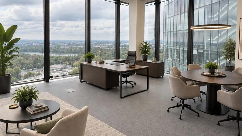 Modernes Büro mit raumhohen Fenstern, Schreibtisch, Besprechungstisch und Panoramablick auf die Stadt.