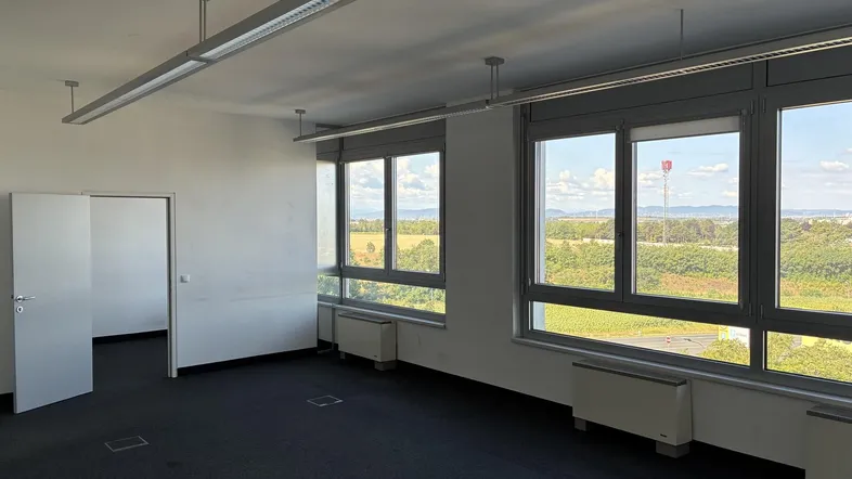 Helles Büro mit Teppichboden und großen Fenstern, die einen weiten Blick ins Grüne bieten.