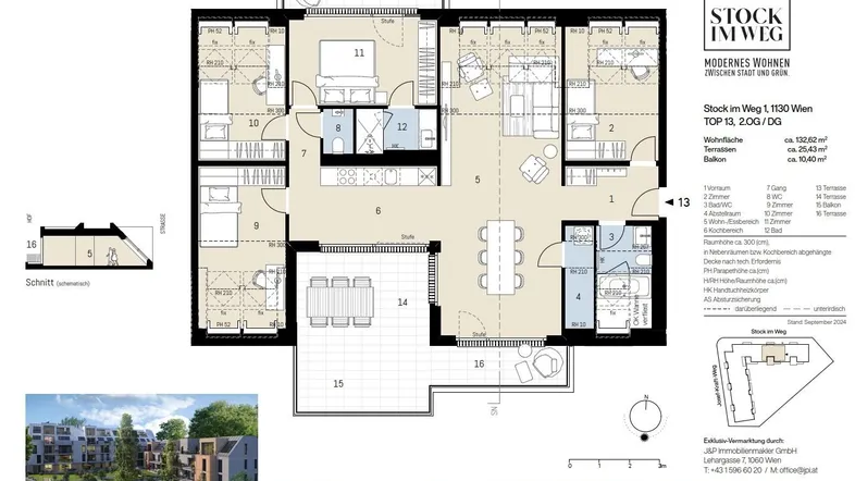 Detaillierter Grundriss einer modernen Wohnung mit offenem Wohnbereich, Terrasse und Balkon.