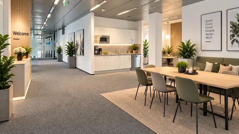 Moderner Bürobereich mit offener Küche, Essbereich und Lounge-Möbeln in einem hellen Ambiente.