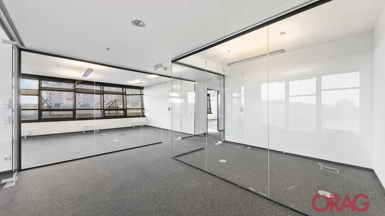 Modernes Büro mit Glaswänden und Teppichboden, bietet flexible Arbeitsbereiche und viel Tageslicht.