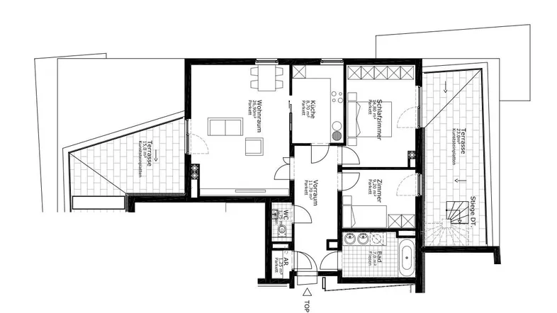Detaillierter Grundriss mit Wohnraum, Küche, Schlafzimmern und zwei Terrassen.