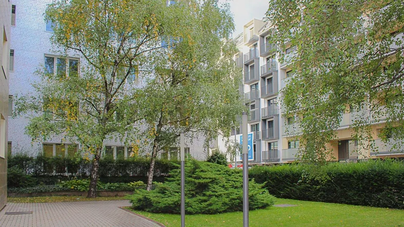 Blick auf den begrünten Innenhof zwischen modernen Wohngebäuden mit Bäumen und gepflasterten Wegen.