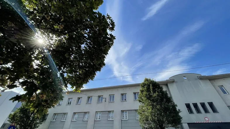 Gebäudeaußenansicht an einem sonnigen Tag mit blauem Himmel und grünen Bäumen vor der Fassade.