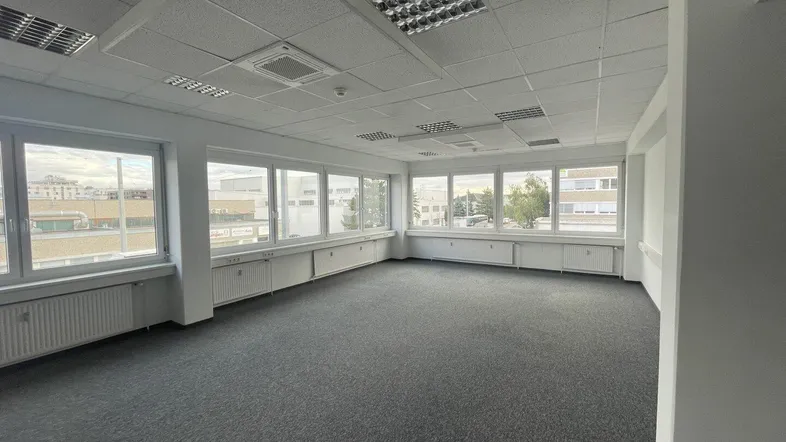 Geräumiges Büro mit großen Fenstern, Teppichboden und abgehängter Decke, das viel Tageslicht bietet.
