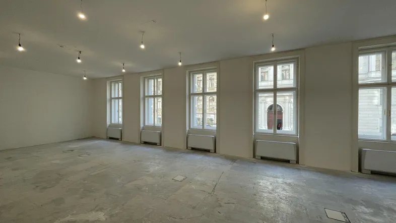 Großer, heller Raum mit vielen Fenstern und Betonboden, ideal für Büronutzung.