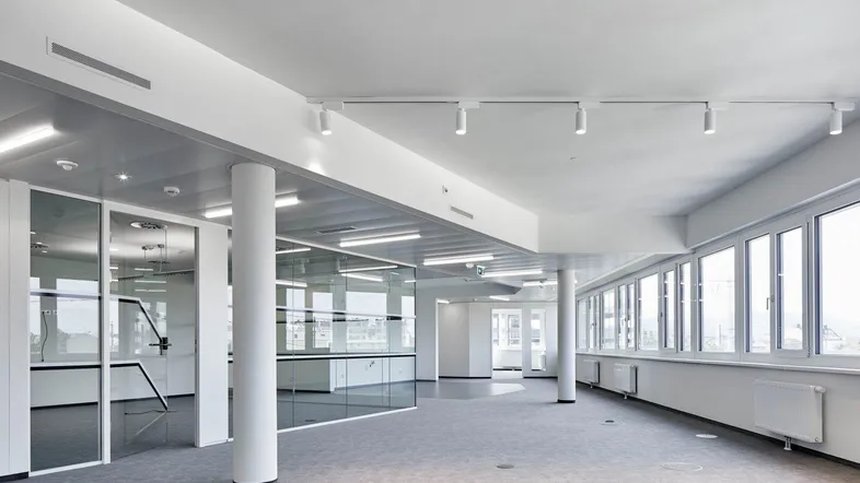 Großes, offenes Büro mit Teppichboden, Glaswänden und viel natürlichem Licht durch die Fensterfront.