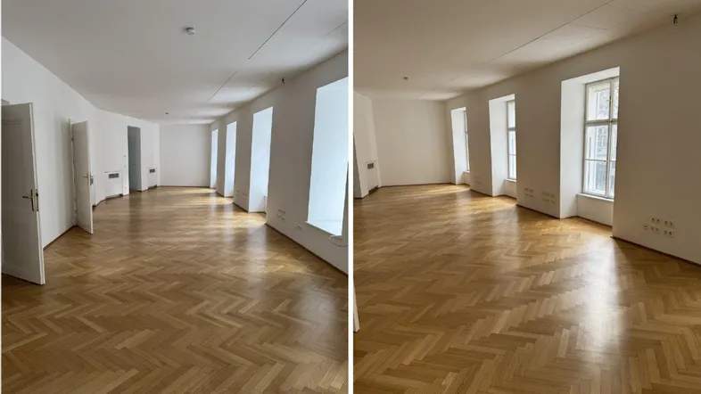 Großes, helles Büro mit elegantem Fischgrätparkett und mehreren hohen Fenstern, die viel Tageslicht hereinlassen.