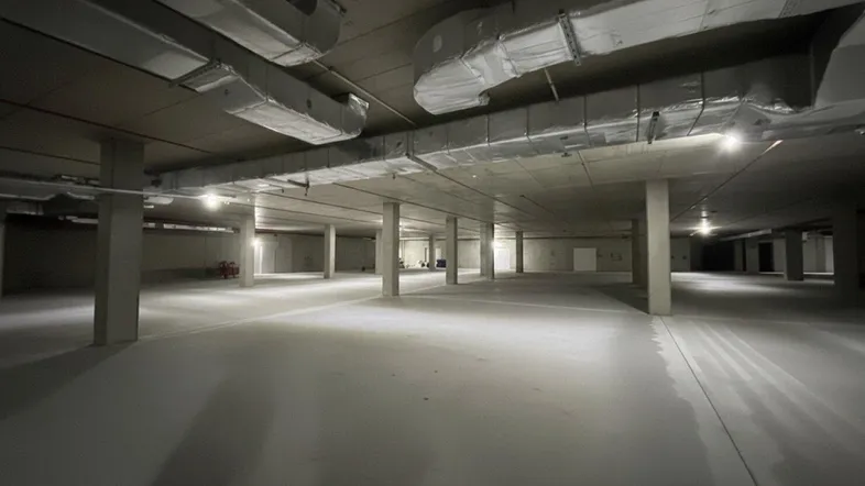 Große, leere Tiefgarage mit Betonpfeilern und sichtbaren Lüftungsrohren an der Decke, bereit zur ersten Nutzung.