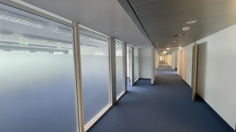 Langer Bürogang mit blauer Teppichauslage und Büros hinter Milchglaswänden.