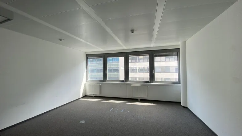 Heller Büroraum mit Teppichboden und abgehängter Decke, bereit für die individuelle Gestaltung.