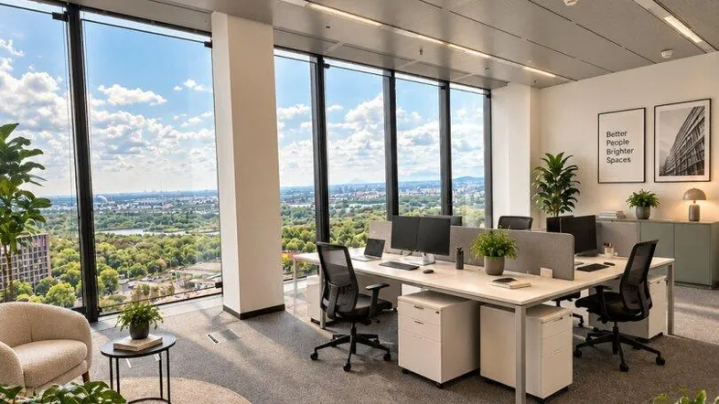 Moderner Büroraum mit großen Fenstern, die einen weiten Blick auf die Stadt und die grüne Umgebung bieten.