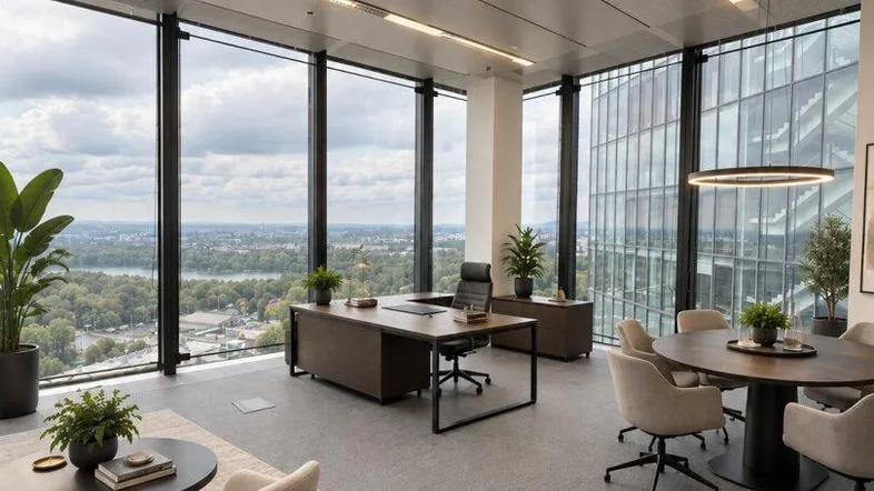 Modernes Chefbüro mit eleganten Möbeln und raumhohen Fenstern, die einen weiten Stadtblick bieten.