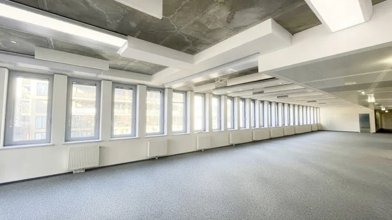 Großer, offener Büroraum mit Teppichboden, vielen Fenstern und sichtbarer Betondecke.