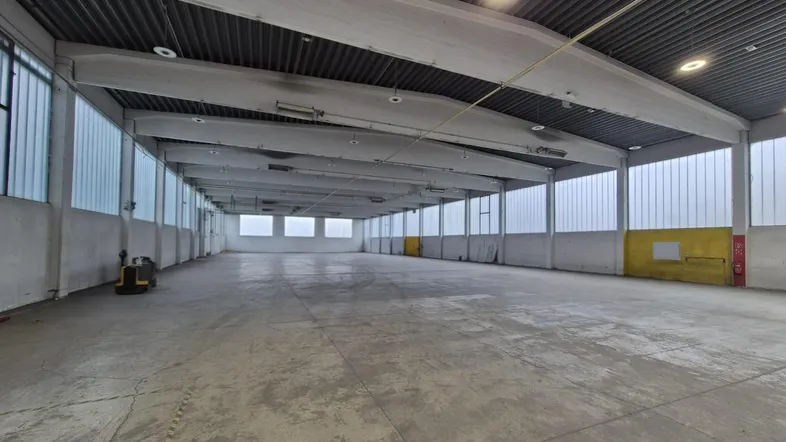 Geräumige und helle Lagerhalle mit hohen Decken, Betonboden und großen Fenstern, ideal für industrielle Nutzung.
