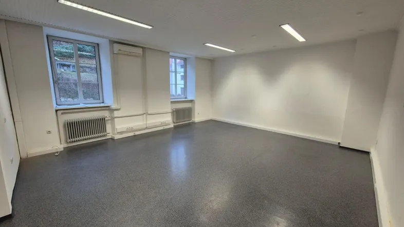 Geräumiger, leerer Raum mit grauem Boden, weißen Wänden und Fenstern, ideal für Büronutzung.