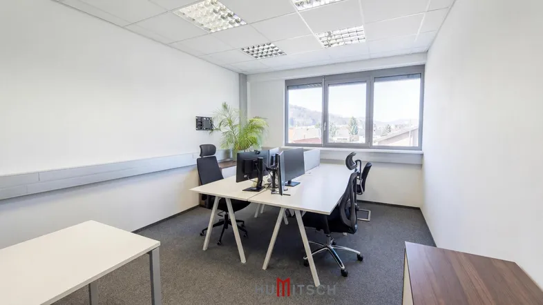 Modernes Büro mit mehreren Arbeitsplätzen, großen Fenstern und Blick ins Grüne.