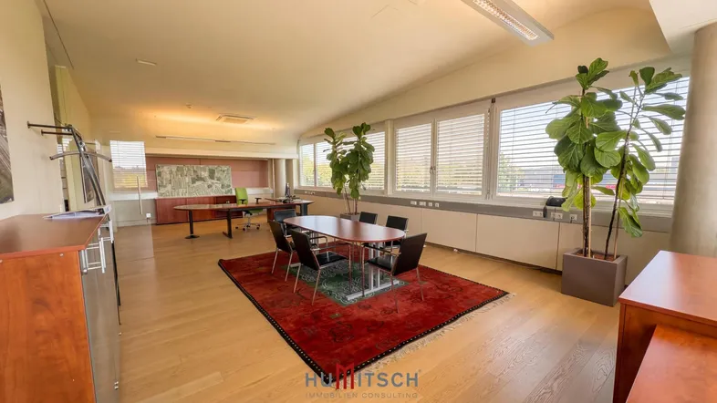 Geräumiges Büro mit großem Konferenztisch, Holzboden und viel Tageslicht durch die Fenster.