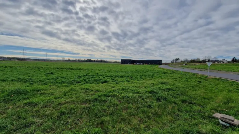 Weitläufiges grünes Feld unter bewölktem Himmel mit entfernten Gebäuden am Horizont.