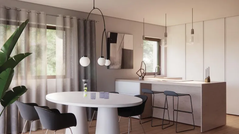 Modernes Esszimmer mit offener Küche, Holzboden und großen Fenstern für viel Licht.