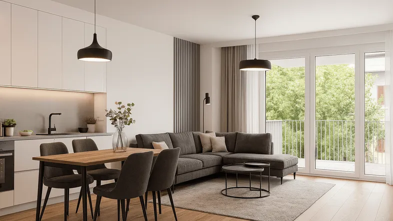 Heller, offener Wohn- und Essbereich mit integrierter Küche und Zugang zum Balkon.