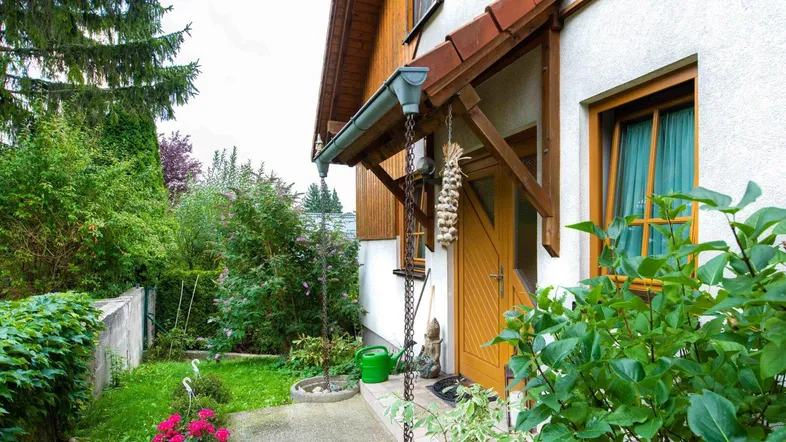 Eingangsbereich eines Hauses mit Holztür, Vordach und üppigem Grün im Vorgarten.