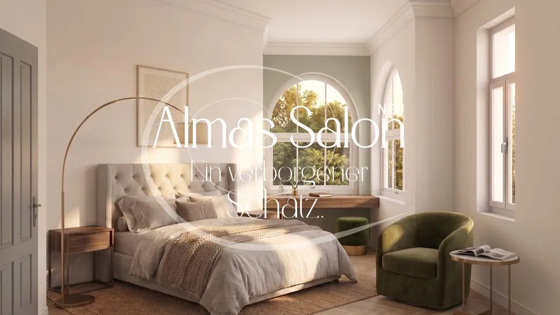 Helles Schlafzimmer mit hohen Decken, Stuckelementen und großen Rundbogenfenstern.