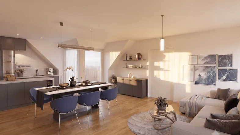 Heller, offener Wohn- und Essbereich mit integrierter Küche, Holzboden und Zugang zum Balkon.