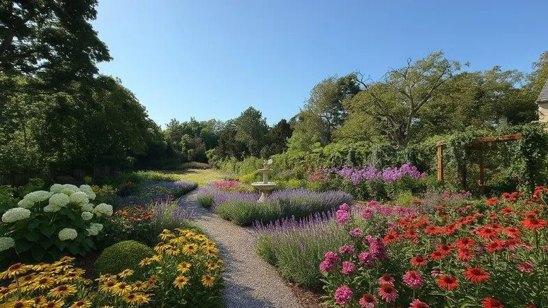 Ein weitläufiger Garten mit einem geschwungenen Kiesweg, bunten Blumenbeeten und einem Springbrunnen unter blauem Himmel.