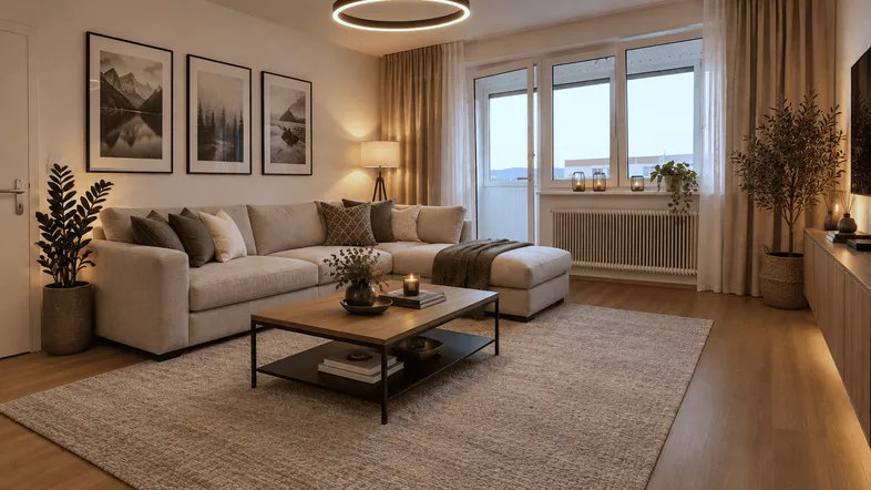 Modernes Wohnzimmer mit beigem Ecksofa, Couchtisch und Zugang zum Balkon, hell beleuchtet.