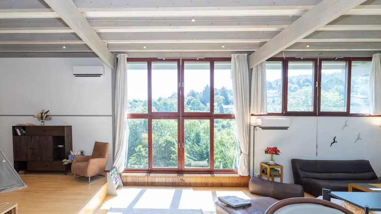Lichtdurchflutetes Wohnzimmer mit Holzbalkendecke, Klimaanlage und weitem Blick ins Grüne.