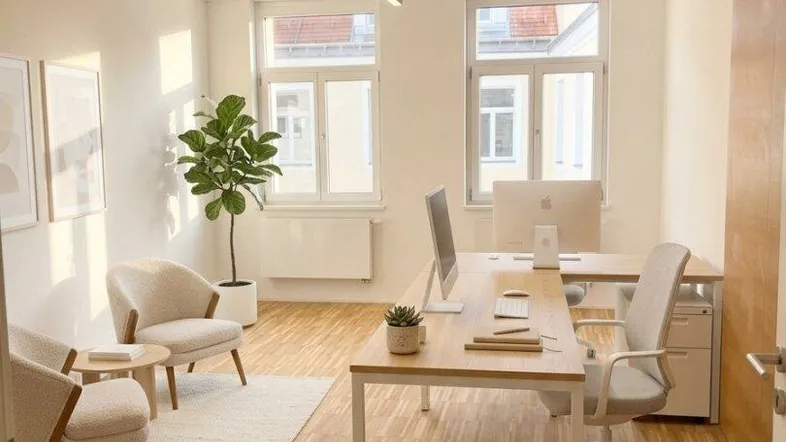 Helles, modernes Büro mit Holzfußboden, großen Fenstern und minimalistischer Einrichtung, ideal für produktives Arbeiten.